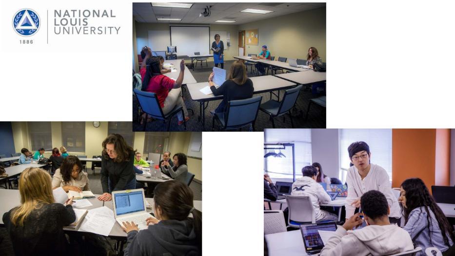 Decorative image montage featuring faculty in their classrooms working with students. The National Louis University logo is in the top left corner of the image.