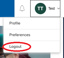 Screenshot of the account dropdown menu in the NLU portal. The logout option is circled in red.