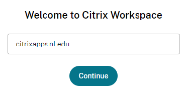 Screenshot of the Citrix Workspace welcome screen. The only field on the page has the value 