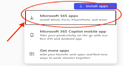 screenshot of the install apps menu with Microsoft 365 apps circled in red