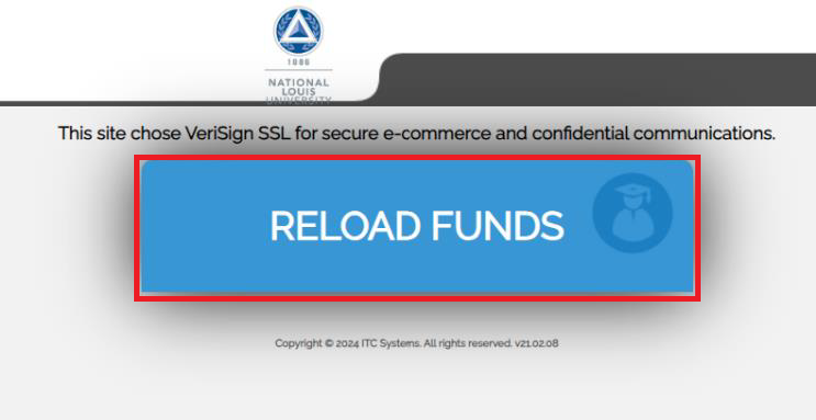 Screenshot showing the Reload Funds button on webpurchase.nl.edu