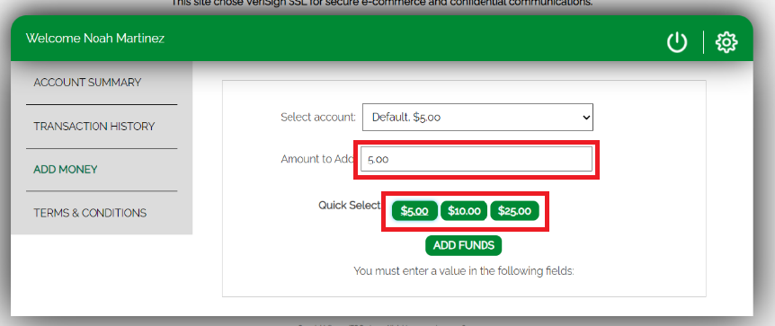 Screen shot of the Add Money page. The Amount to Add and Quick Select fields have red rectangles around them.