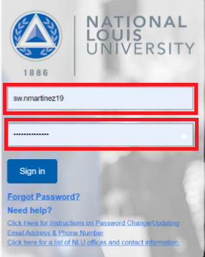 Screenshot of the NLU portal log in dialog. Both the username and password fields have red rectangles around them.