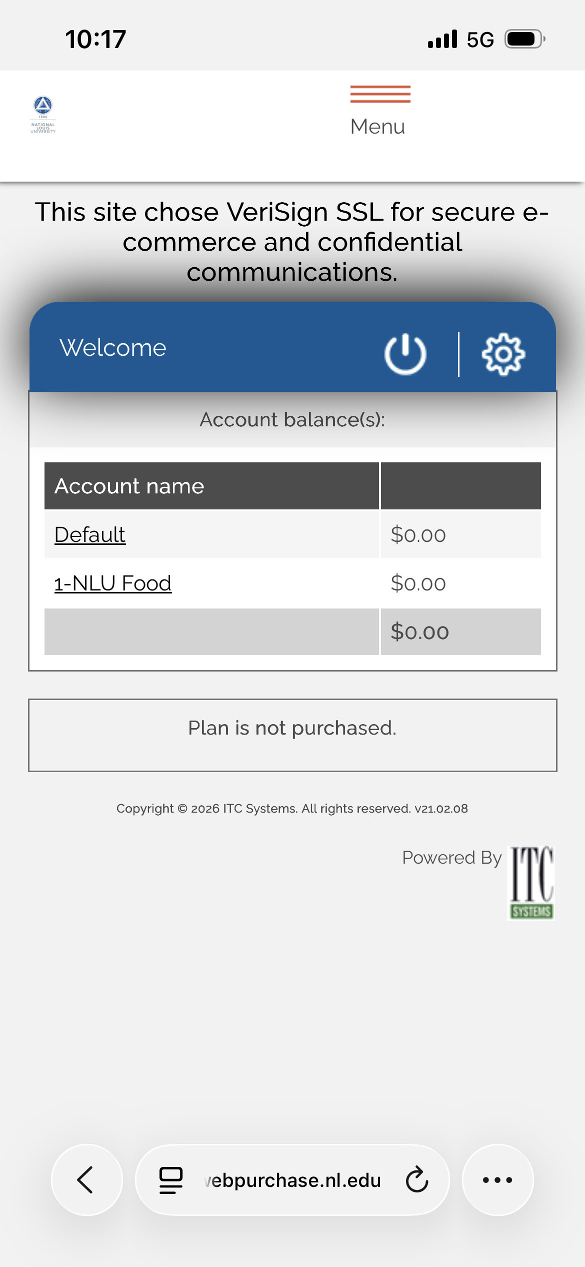 A screenshot of the Web Purchase account balance page